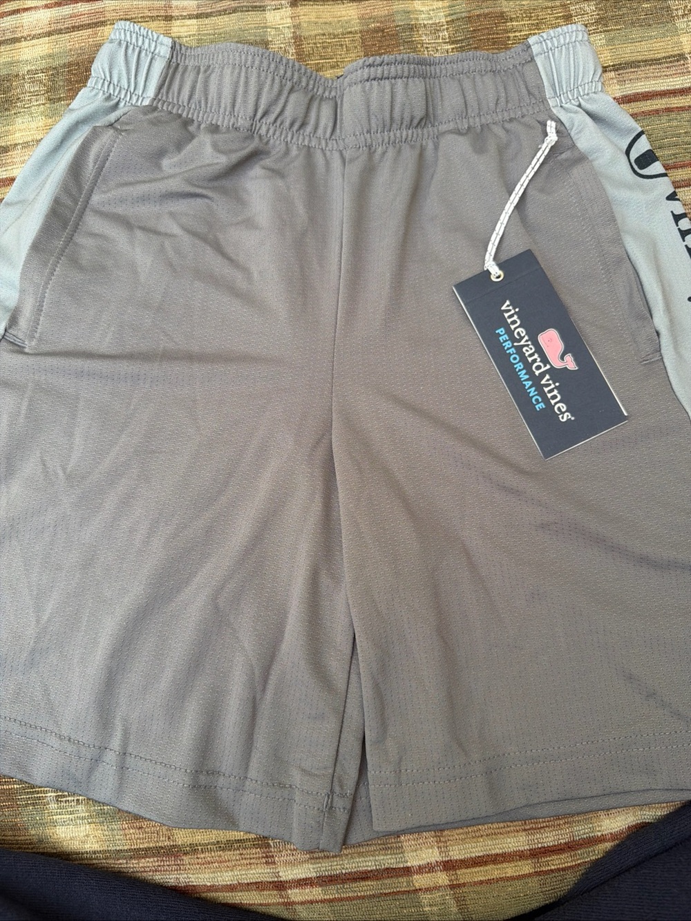 Vineyard Vines Boys Gray Performance Shorts with Light Blue Side Panels